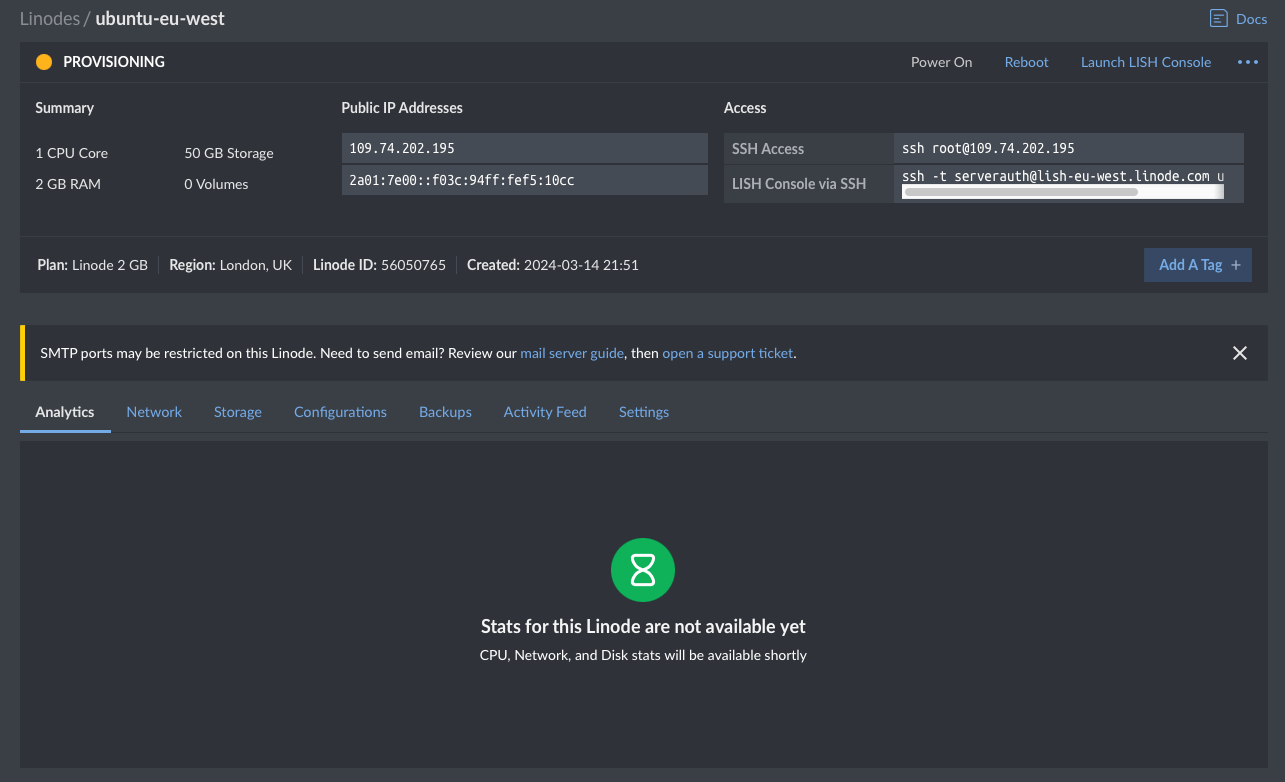 Screenshot showing the server details while provisioning