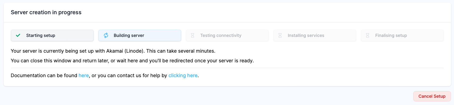 Screenshot showing the in progress server creation