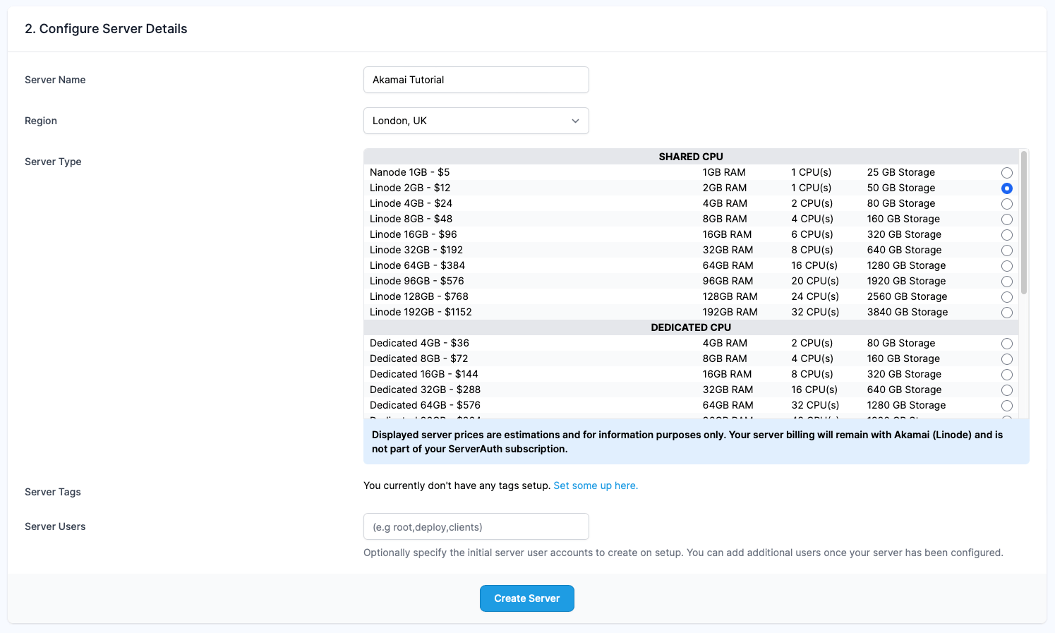 Screenshot showing the Akamai Prices and server types