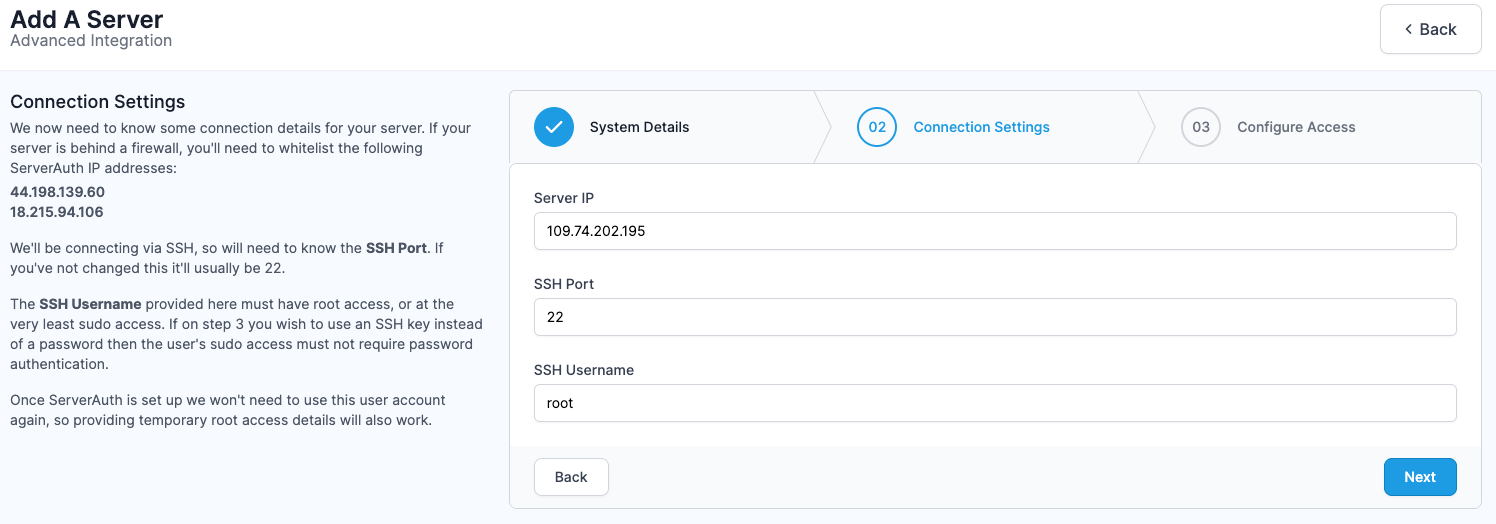 Screenshot showing step 2 of the add server flow in ServerAuth