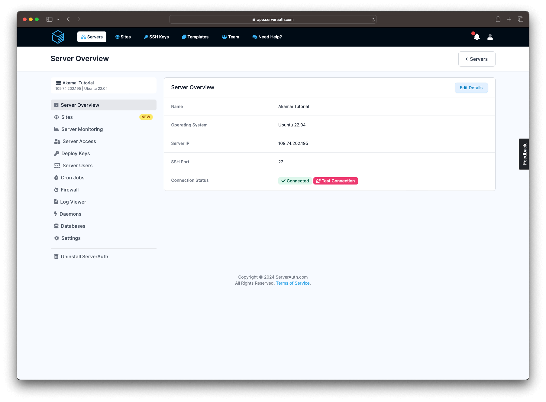 Screenshot showing the ServerAuth server details page