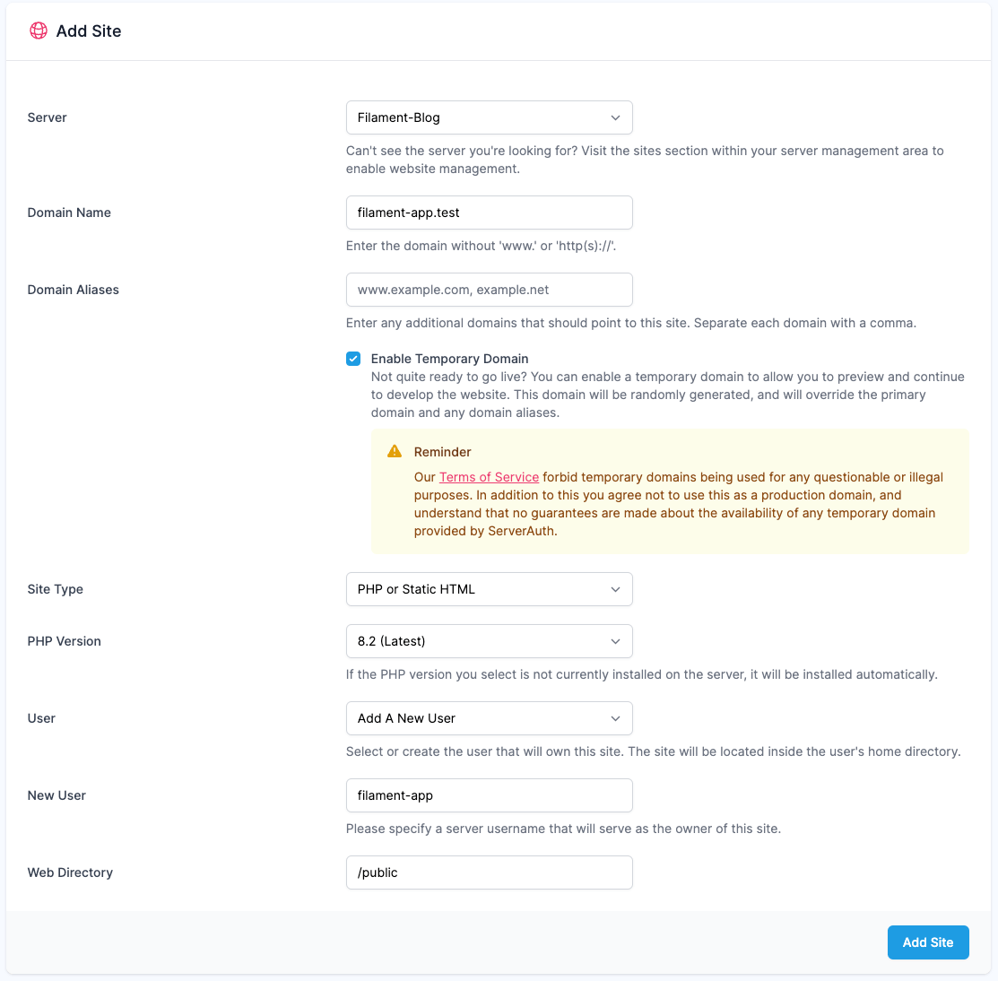 Screenshot showing the ServerAuth add site form