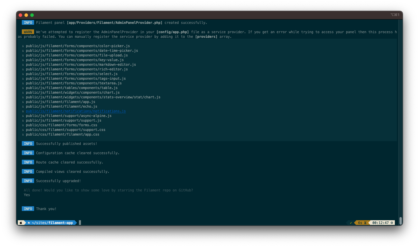 Screenshot showing terminal after Filament Panel setup