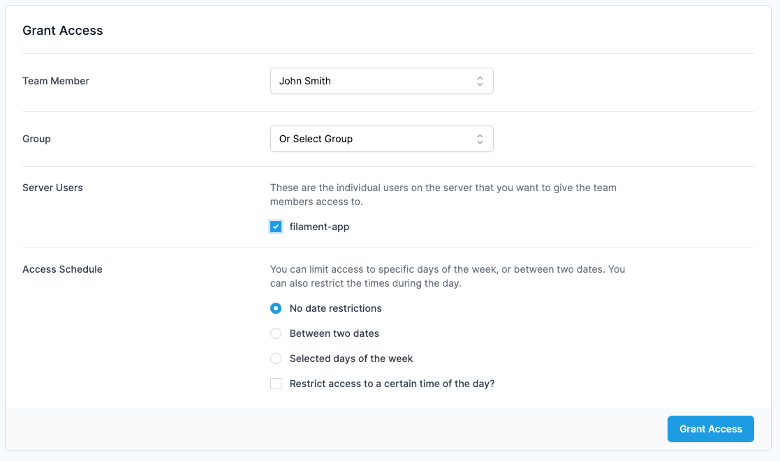 Screenshot showing the grant server access form
