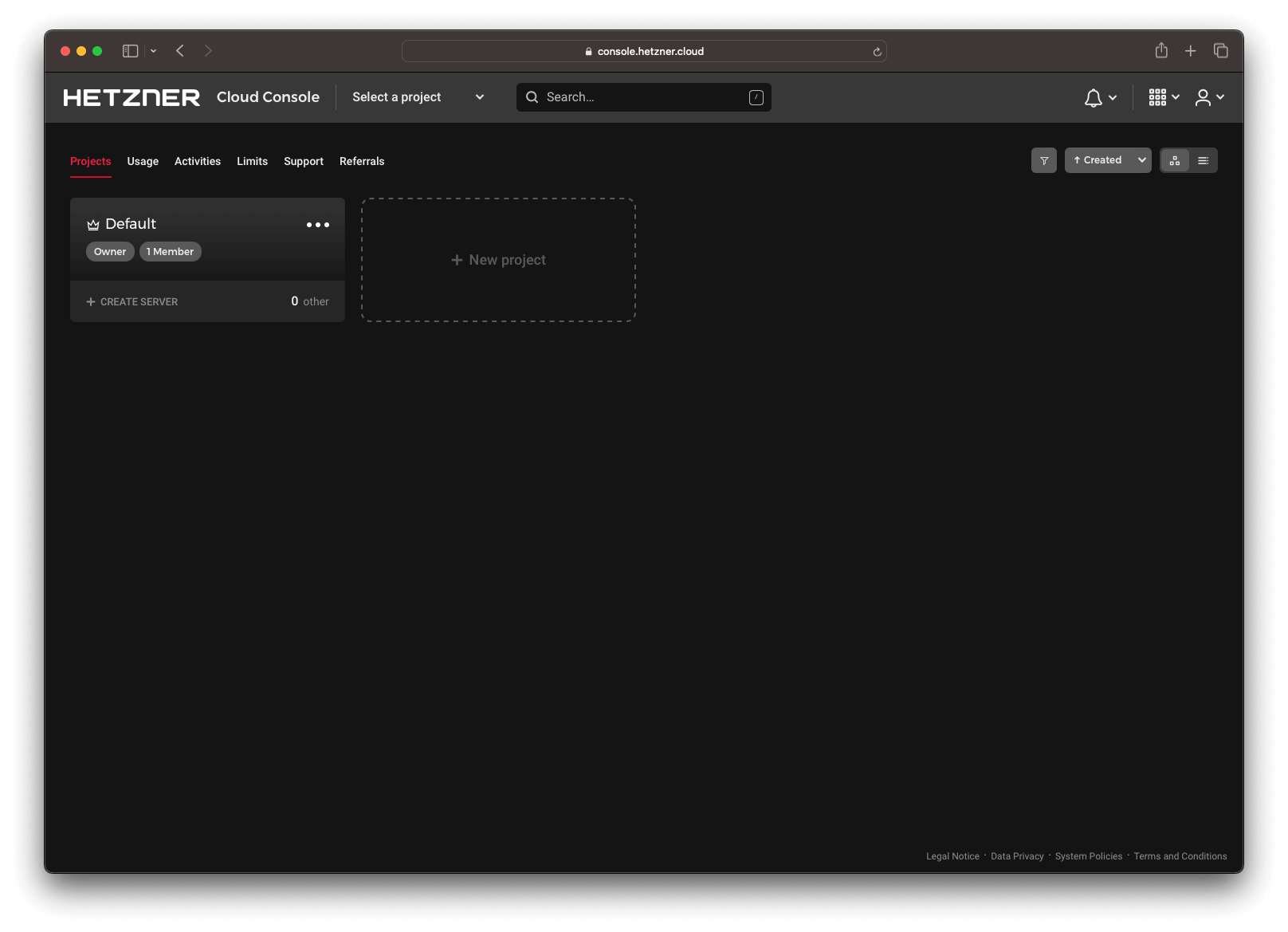 Screenshot showing Hetzner control panel