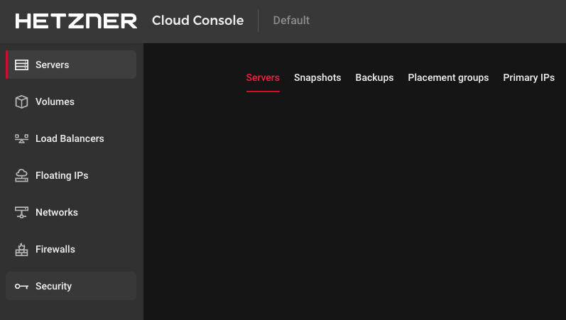 Screenshot showing Hetzner Security menu