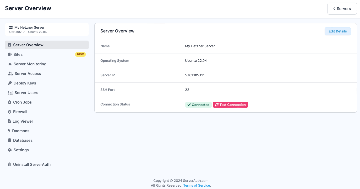 Screenshot showing ServerAuth server details screen