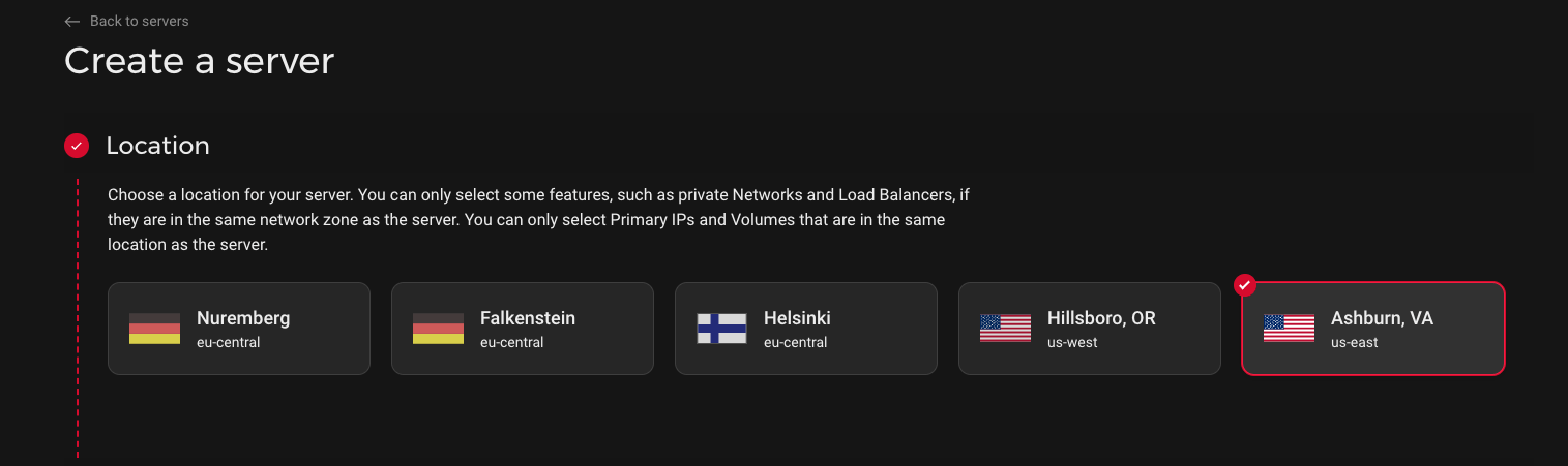 Screenshot showing Hetzner select location options