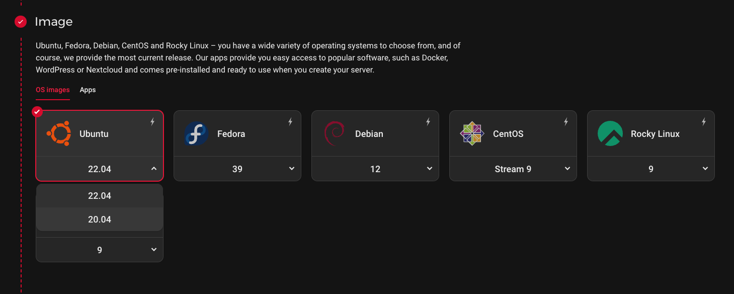 Screenshot showing Hetzner select os options