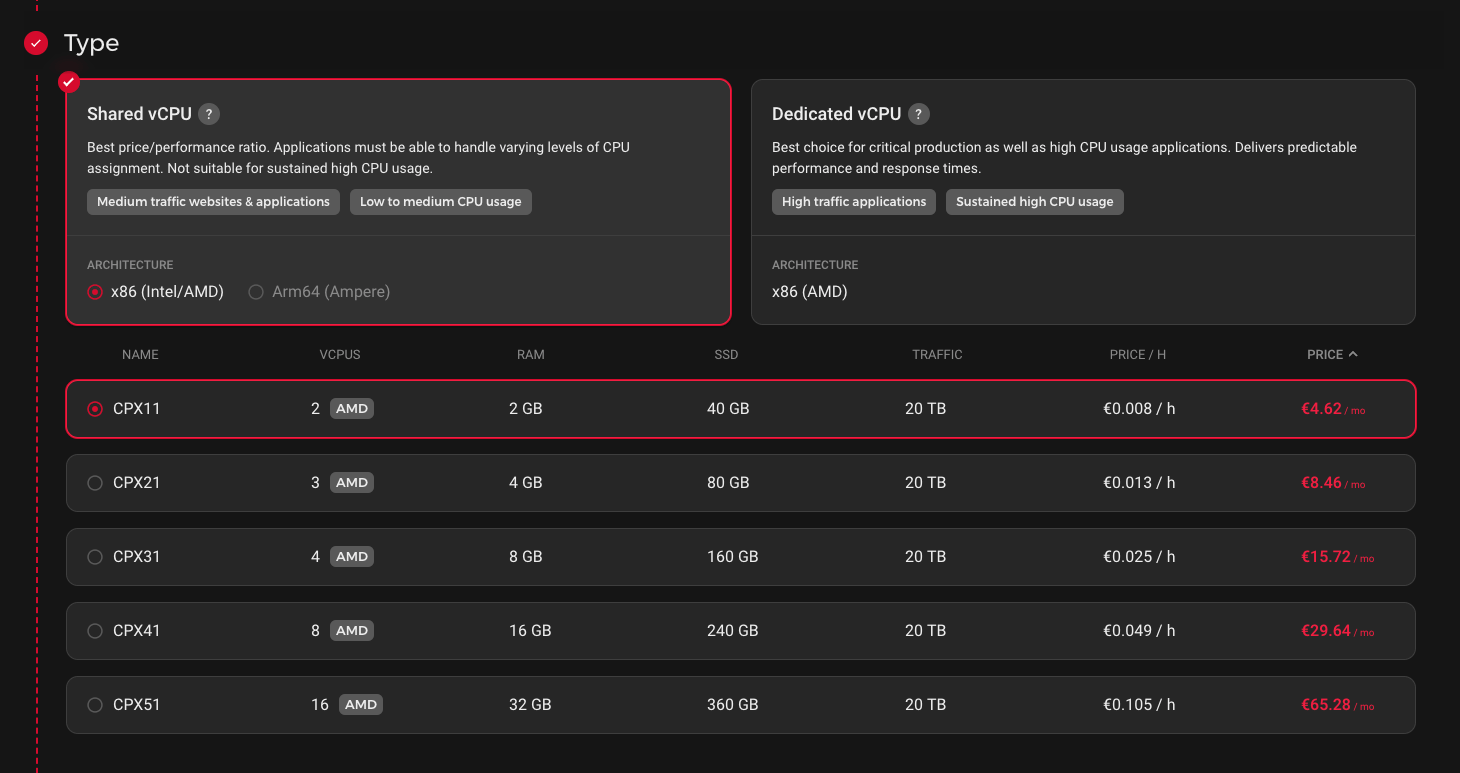 Screenshot showing Hetzner select cpu type options