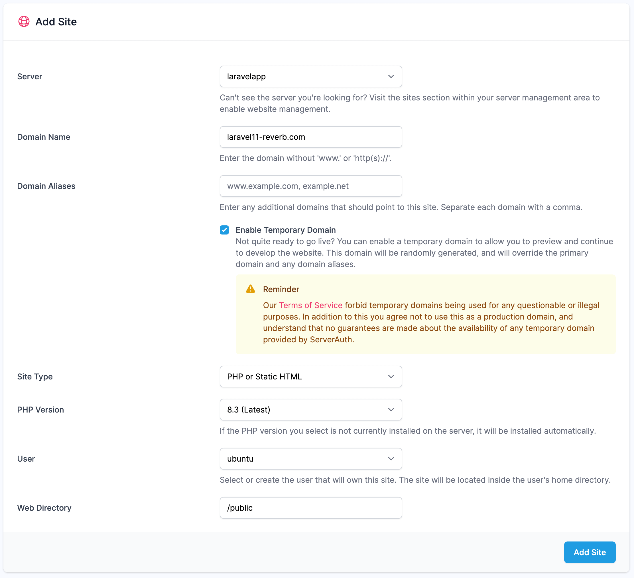 A screenshot showing how to set up a new site on ServerAuth for Laravel Reverb