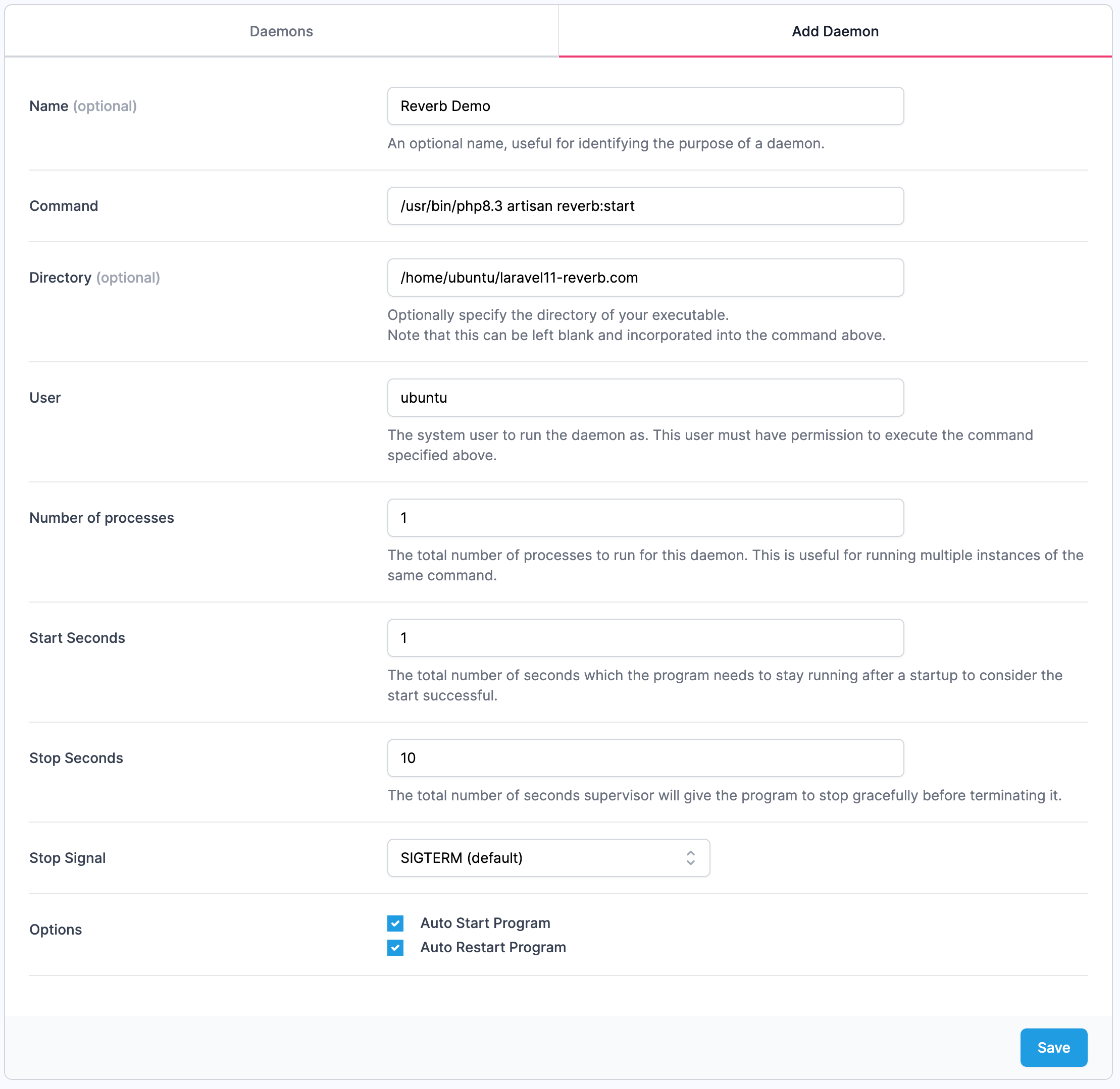 A screenshot showing the Laravel Reverb Supervisor Daemon configuration