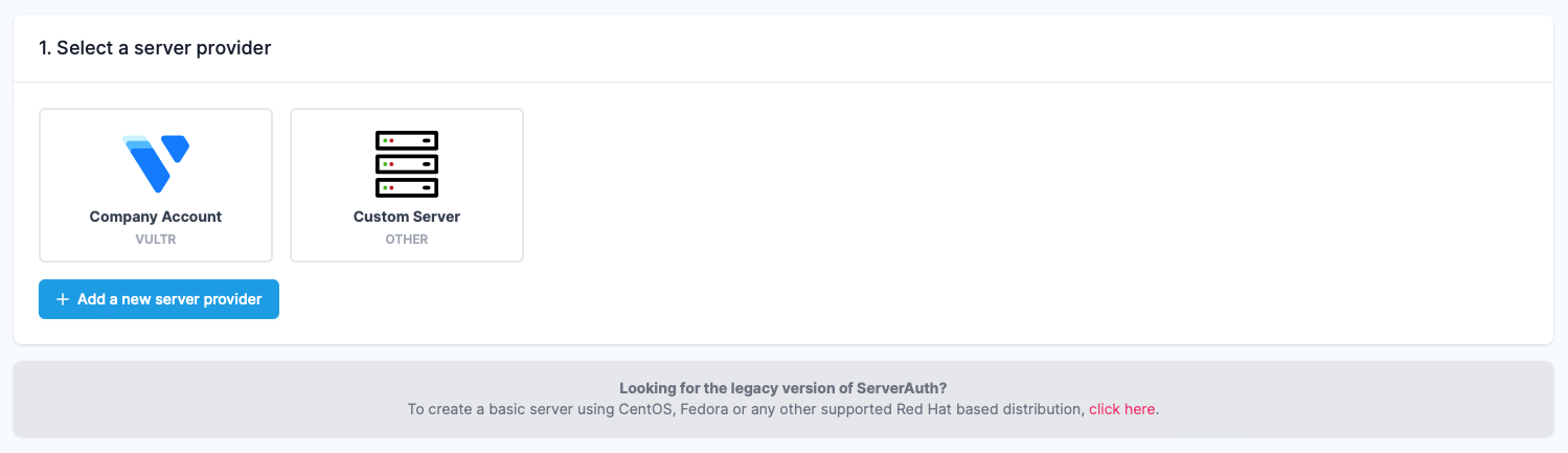 Screenshot showing ServerAuth new server screen with Vultr provider