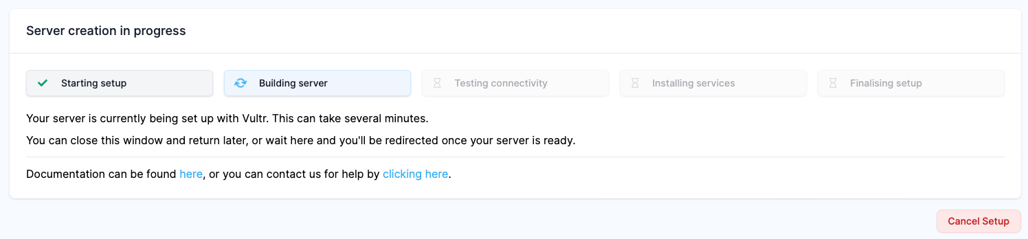 Screenshot showing the in progress server creation