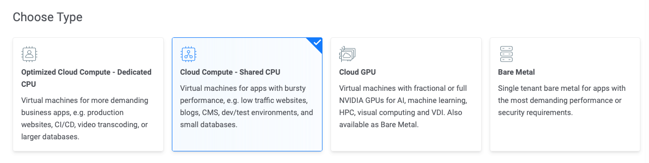 Screenshot showing the choose type section of Vultr create server form