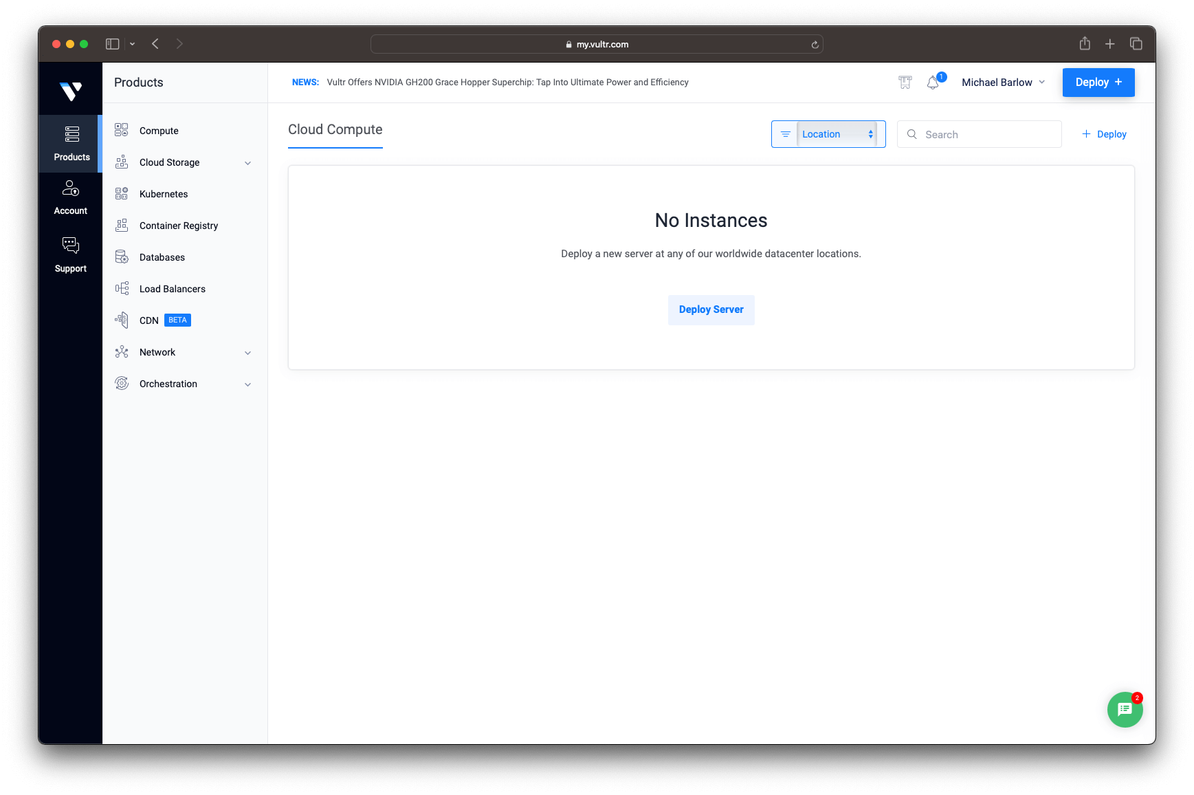 Screenshot showing the Vultr Dashboard after login