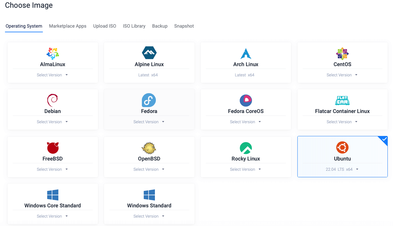 Screenshot showing the choose image/OS section of Vultr create server form