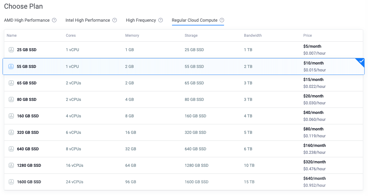 Screenshot showing the choose plan section of Vultr create server form