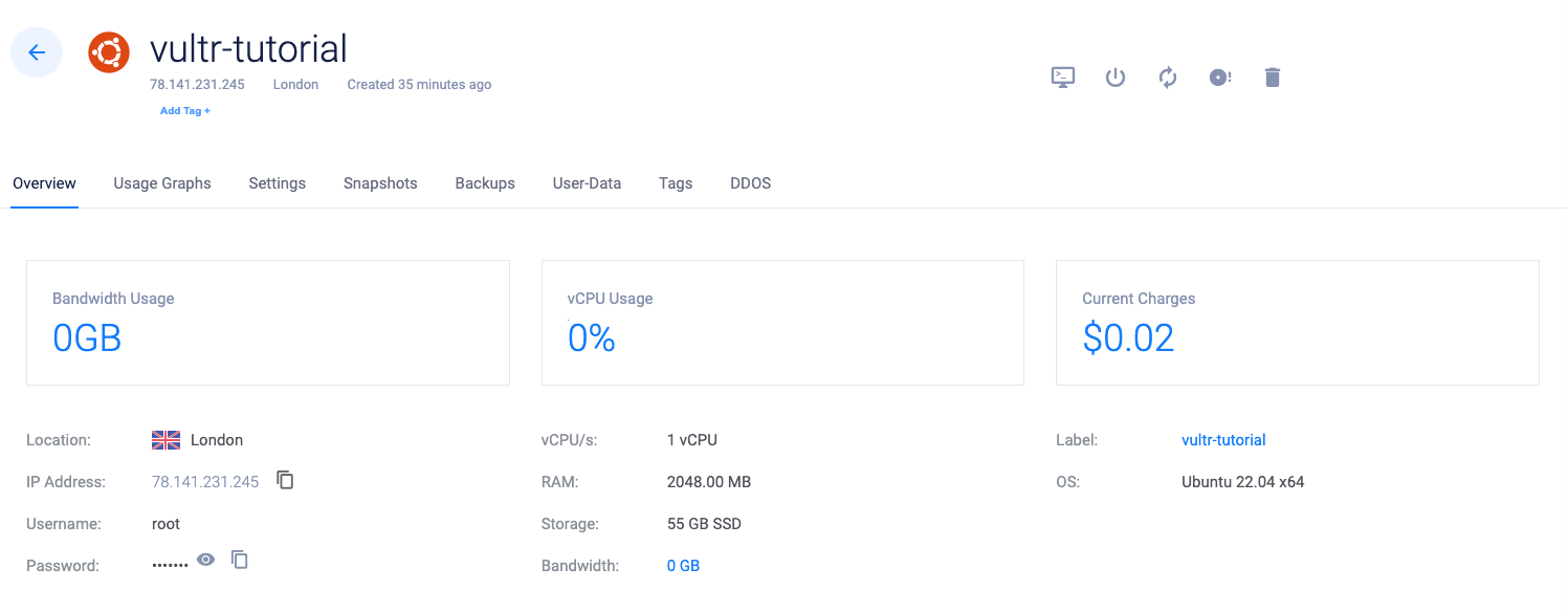 Screenshot showing the SSH username in the Vultr Control Panel