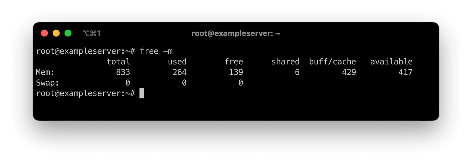 Screenshot of a Linux terminal showing the output of the free -m command