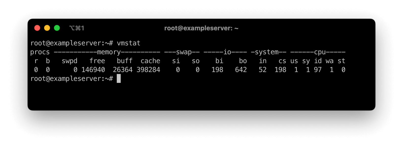 Screenshot of a Linux terminal showing the output of the vmstat command